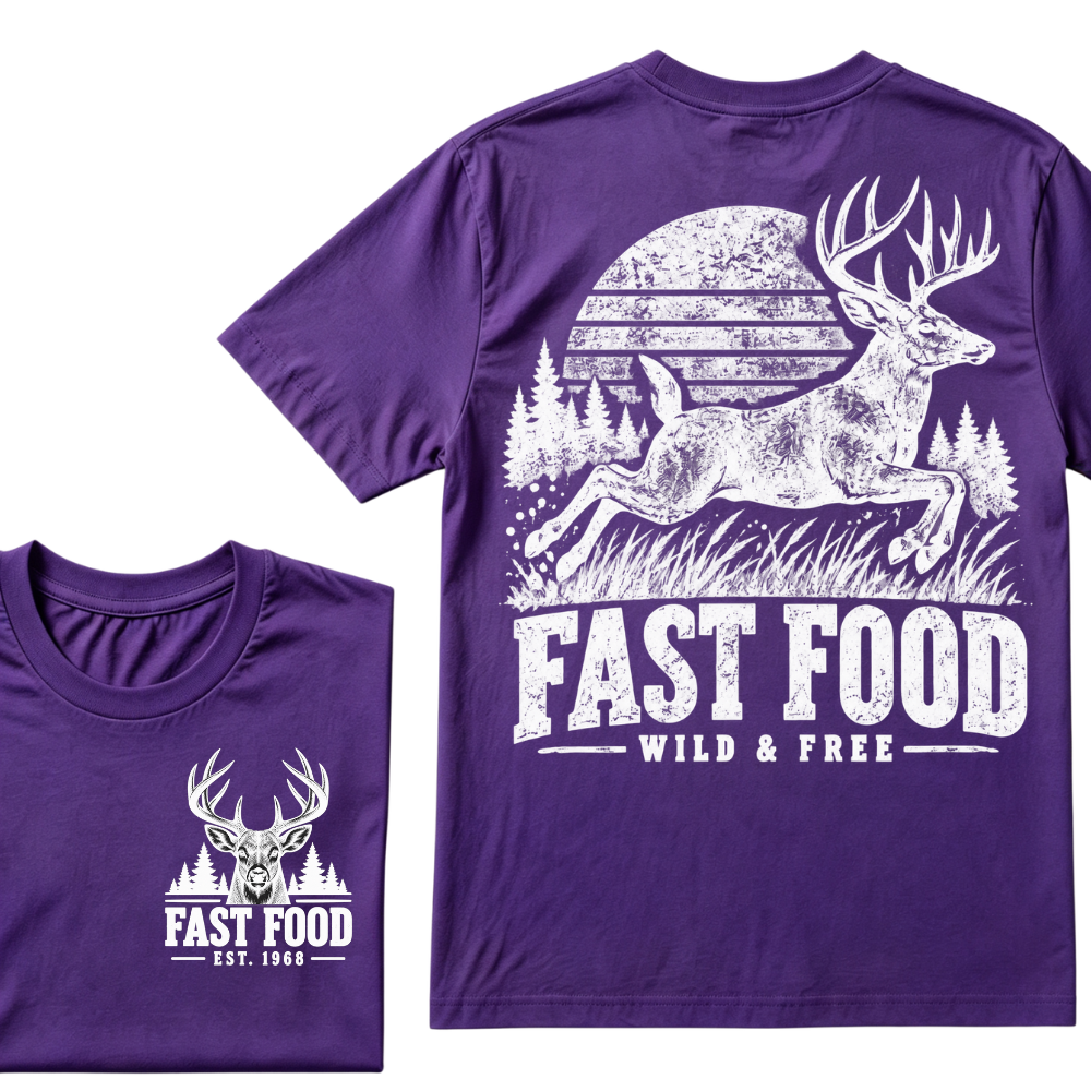 Fast Food Wild & Free Deer Hunting T-Shirt EST.Year Vintage Buck Hunter Forest Graphic Tee