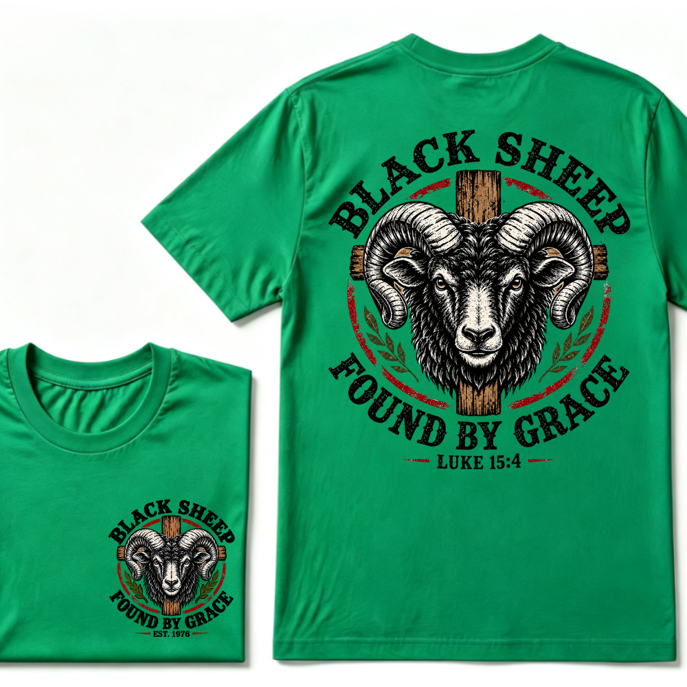 Black Sheep Found By Grace Luke 15：4 Custom EST.Year Ram Head Cross Christian Graphic T-Shirt