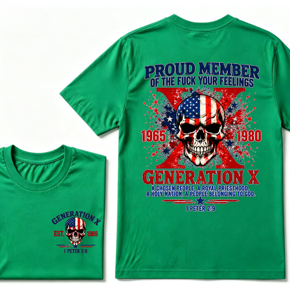 Proud Member Generation X 1965-1980 American Flag Skull 1 Peter 2:9 EST.Year Christian T-Shirt