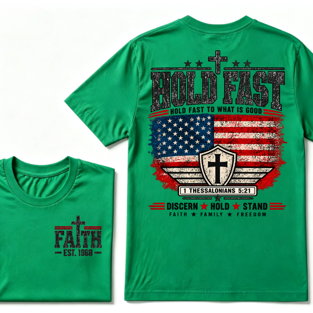 Hold Fast To What Is Good 1 Thessalonians 5:21 American Flag Christian EST.Year Faith Graphic T-Shirt