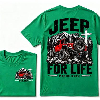 Jeep For Life Psalm 40:2 Offroad 4x4 Mountain EST.Year Front And Back Print T-Shirt, Christian Jeep Lover Graphic Tee