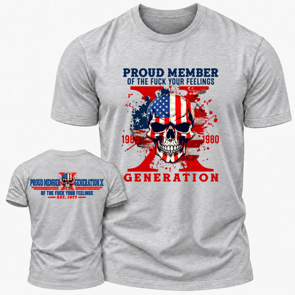 Proud Member Generation X 1965‑1980 American Flag Skull Double Sided Print T‑Shirt Retro Gen X EST.Year Patriotic Graphic Tee