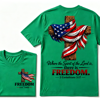 Patriotic USA Flag Cross Christian T Shirt Where the Spirit of the Lord is there is Freedom Bible Verse EST.Year Faith Tee