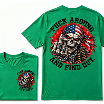 Fuck Around And Find Out USA Flag Middle Finger Skull T-Shirt EST.Year Patriotic Skeleton Graphic Tee