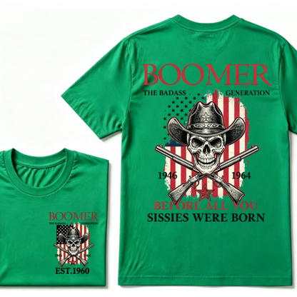 Boomer The Badass Generation 1946-1964 Cowboy Skull USA Flag T-Shirt EST.Year Vintage Patriotic Graphic Tee
