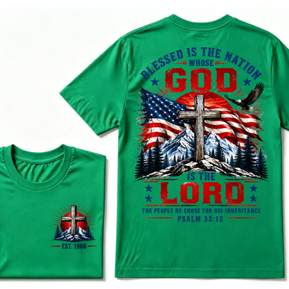 Blessed Is The Nation Whose God Is The Lord Psalm 33:12 EST.Year Patriotic Christian USA Flag EagleT-Shirt