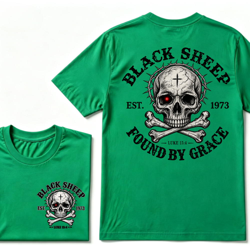 Black Sheep Found By Grace EST.Year Luke 15:4 Skull Crossbone Crown of Thorns Christian Custom Your Year T-Shirt