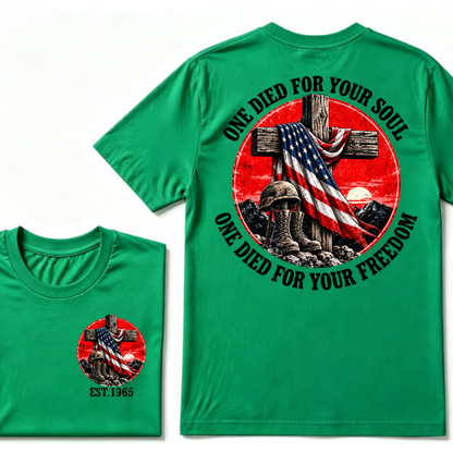 Only Dead Fish Follow Orders Only God For Your Freedom EST.Year  Patriotic Cross Veteran USA Flag T-Shirt