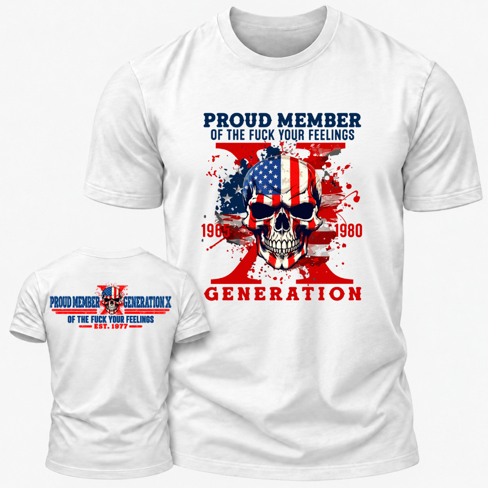 Proud Member Generation X 1965‑1980 American Flag Skull Double Sided Print T‑Shirt Retro Gen X EST.Year Patriotic Graphic Tee