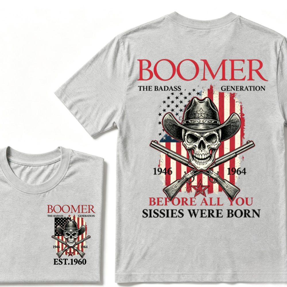 Boomer The Badass Generation 1946-1964 Cowboy Skull USA Flag T-Shirt EST.Year Vintage Patriotic Graphic Tee