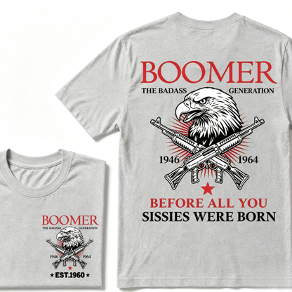Boomer The Badass Generation 1946-1964 Eagle Crossed Guns Patriotic T-Shirt EST.Year Vintage Boomer Graphic Tee