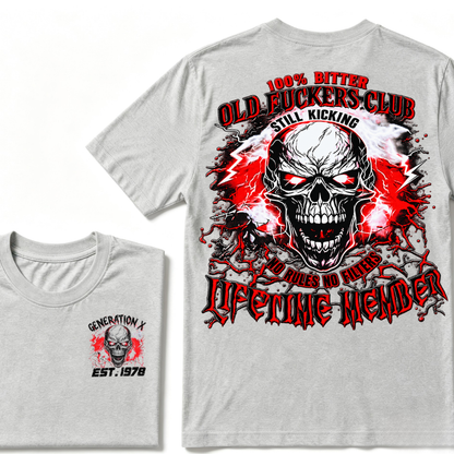Generation X Skull Graphic Tee – 100% Bitter Old Fuckers Club Lifetime Member T-Shirt