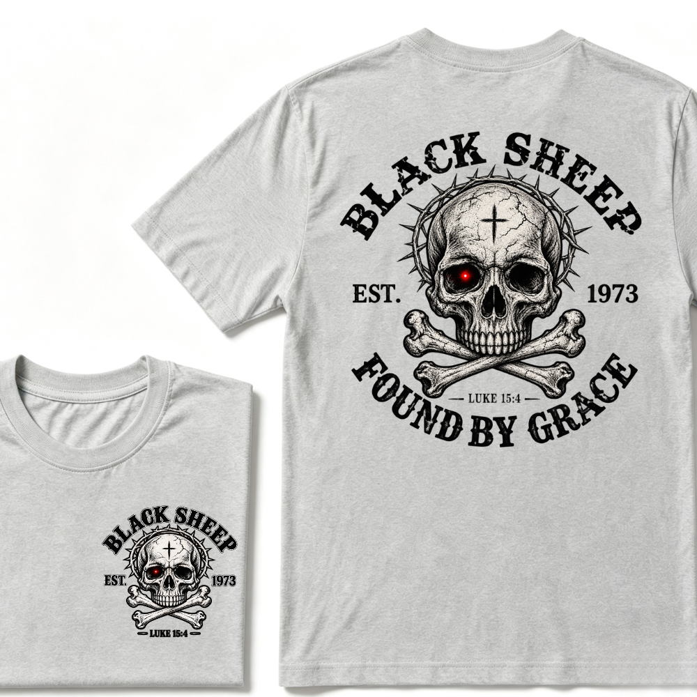 Black Sheep Found By Grace EST.Year Luke 15:4 Skull Crossbone Crown of Thorns Christian Custom Your Year T-Shirt