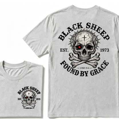 Black Sheep Found By Grace EST.Year Luke 15:4 Skull Crossbone Crown of Thorns Christian Custom Your Year T-Shirt
