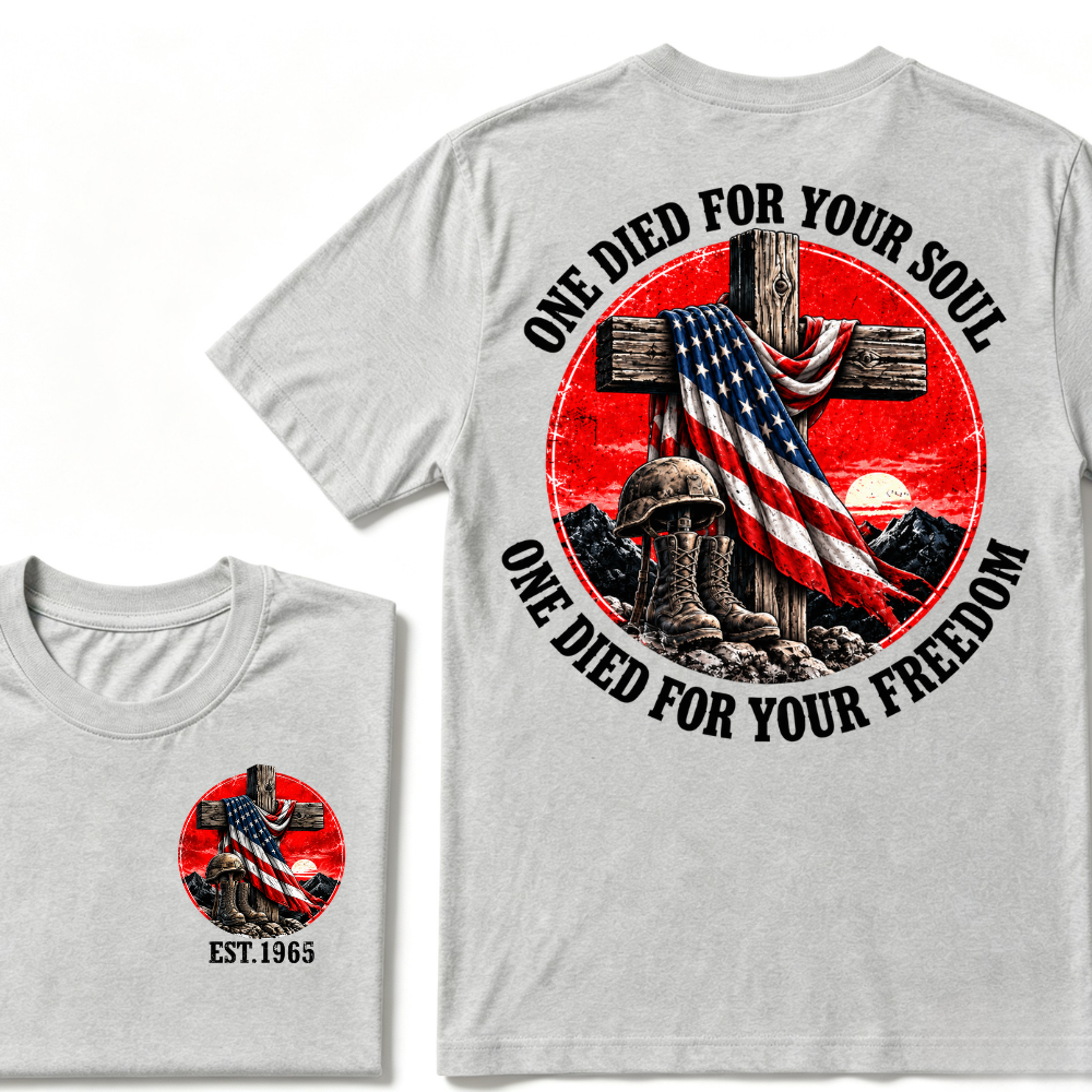 Only Dead Fish Follow Orders Only God For Your Freedom EST.Year  Patriotic Cross Veteran USA Flag T-Shirt