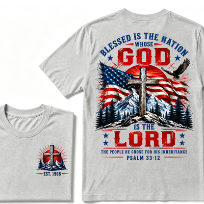 Blessed Is The Nation Whose God Is The Lord Psalm 33:12 EST.Year Patriotic Christian USA Flag EagleT-Shirt