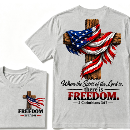 Patriotic USA Flag Cross Christian T Shirt Where the Spirit of the Lord is there is Freedom Bible Verse EST.Year Faith Tee
