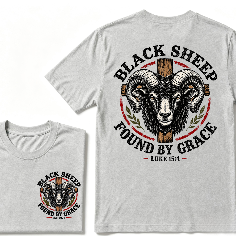 Black Sheep Found By Grace Luke 15：4 Custom EST.Year Ram Head Cross Christian Graphic T-Shirt
