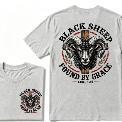 Black Sheep Found By Grace Luke 15：4 Custom EST.Year Ram Head Cross Christian Graphic T-Shirt