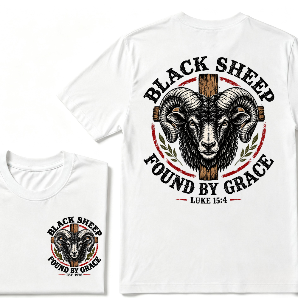 Black Sheep Found By Grace Luke 15：4 Custom EST.Year Ram Head Cross Christian Graphic T-Shirt