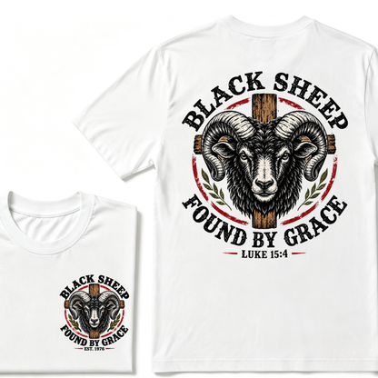 Black Sheep Found By Grace Luke 15：4 Custom EST.Year Ram Head Cross Christian Graphic T-Shirt