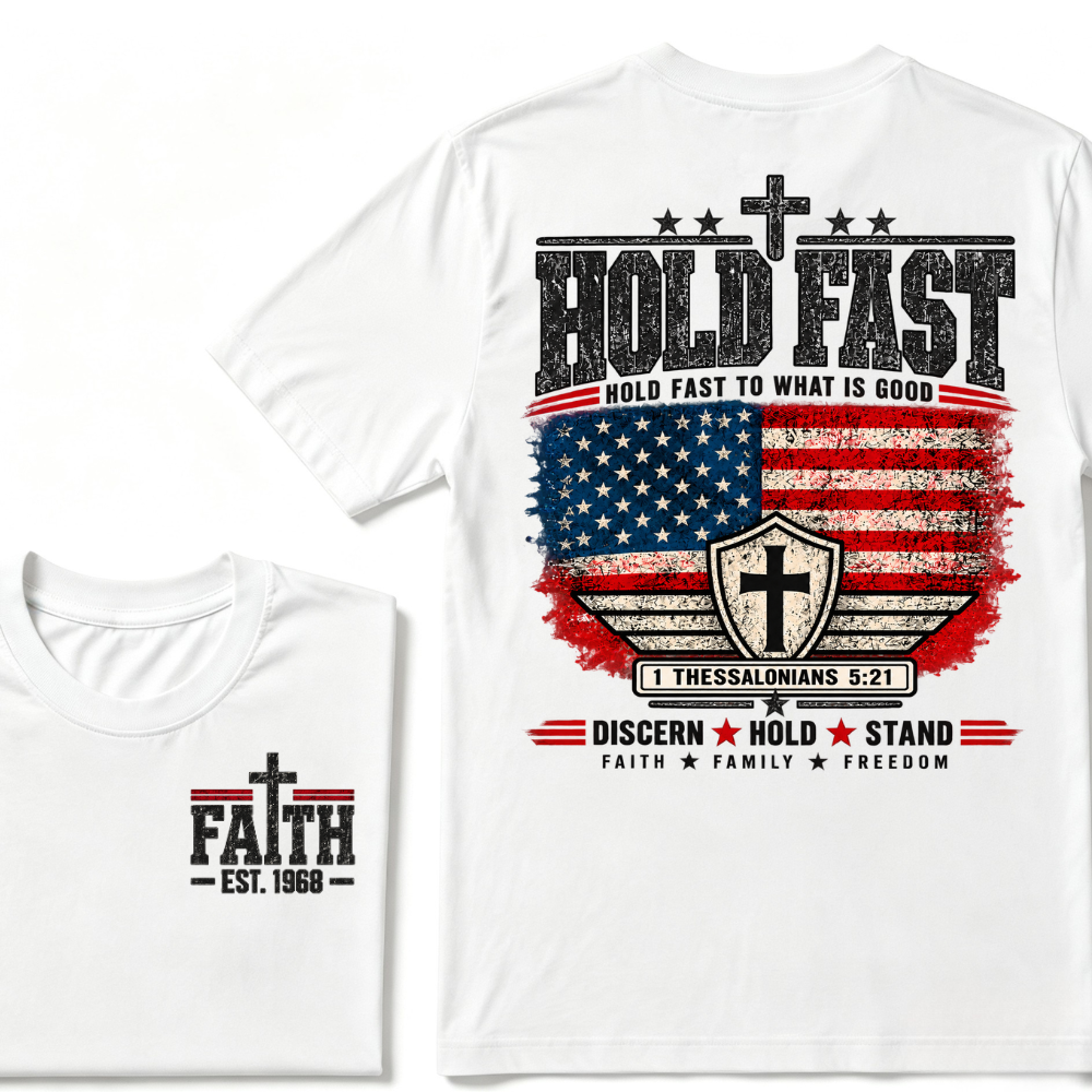 Hold Fast To What Is Good 1 Thessalonians 5:21 American Flag Christian EST.Year Faith Graphic T-Shirt