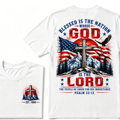 Blessed Is The Nation Whose God Is The Lord Psalm 33:12 EST.Year Patriotic Christian USA Flag EagleT-Shirt