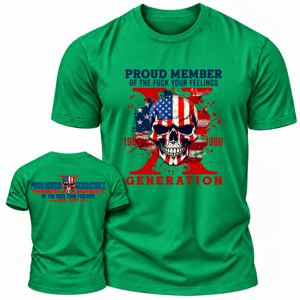 Proud Member Generation X 1965‑1980 American Flag Skull Double Sided Print T‑Shirt Retro Gen X EST.Year Patriotic Graphic Tee