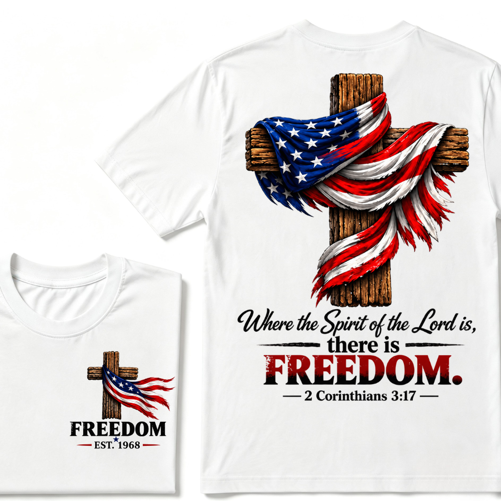 Patriotic USA Flag Cross Christian T Shirt Where the Spirit of the Lord is there is Freedom Bible Verse EST.Year Faith Tee