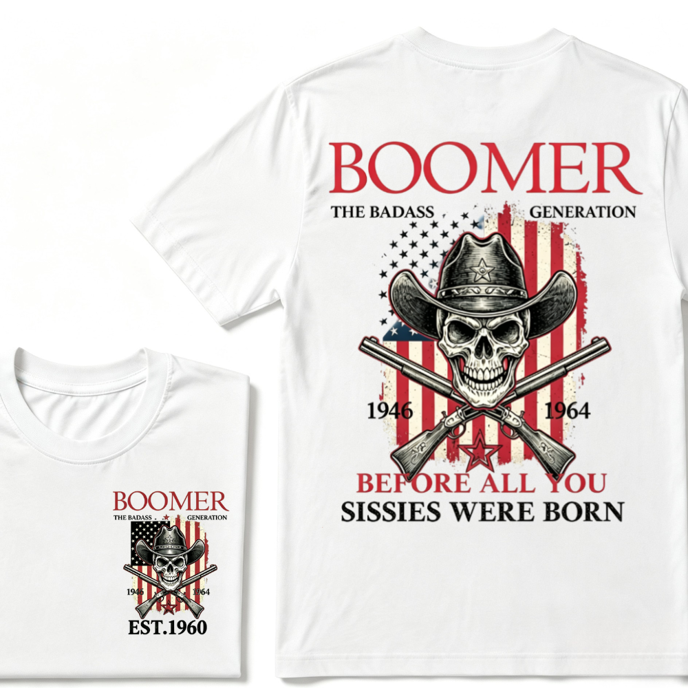 Boomer The Badass Generation 1946-1964 Cowboy Skull USA Flag T-Shirt EST.Year Vintage Patriotic Graphic Tee