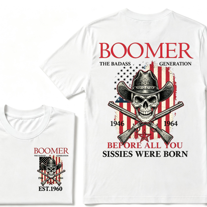 Boomer The Badass Generation 1946-1964 Cowboy Skull USA Flag T-Shirt EST.Year Vintage Patriotic Graphic Tee