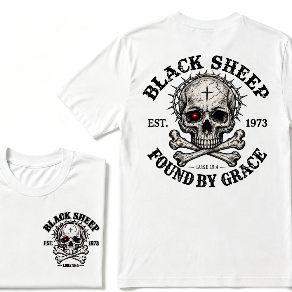 Black Sheep Found By Grace EST.Year Luke 15:4 Skull Crossbone Crown of Thorns Christian Custom Your Year T-Shirt