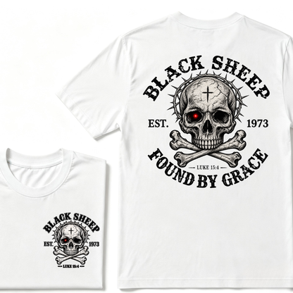 Black Sheep Found By Grace EST.Year Luke 15:4 Skull Crossbone Crown of Thorns Christian Custom Your Year T-Shirt