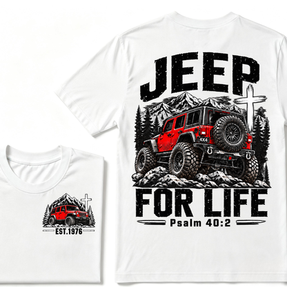 Jeep For Life Psalm 40:2 Offroad 4x4 Mountain EST.Year Front And Back Print T-Shirt, Christian Jeep Lover Graphic Tee