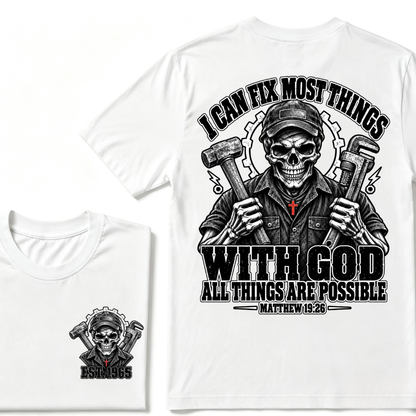 I Can Fix Most Things With God All Things Are Possible Matthew 19:26 Mechanic Skull Double Sided T-Shirt