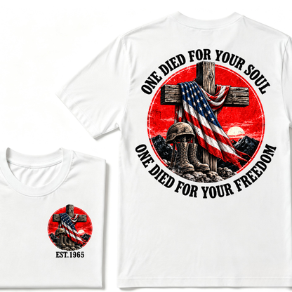 Only Dead Fish Follow Orders Only God For Your Freedom EST.Year  Patriotic Cross Veteran USA Flag T-Shirt