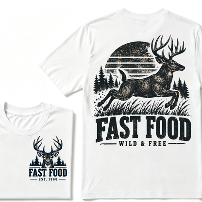 Fast Food Wild & Free Deer Hunting T-Shirt EST.Year Vintage Buck Hunter Forest Graphic Tee