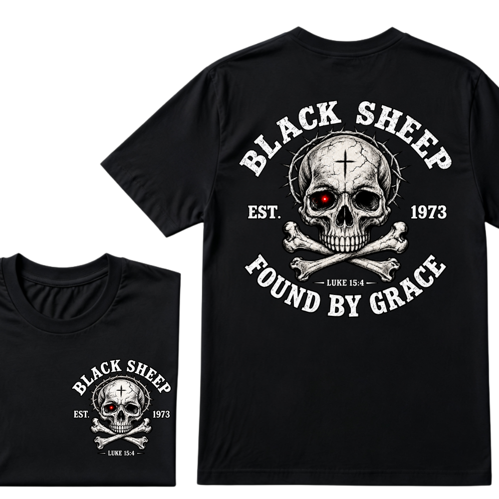 Black Sheep Found By Grace EST.Year Luke 15:4 Skull Crossbone Crown of Thorns Christian Custom Your Year T-Shirt