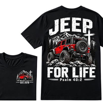 Jeep For Life Psalm 40:2 Offroad 4x4 Mountain EST.Year Front And Back Print T-Shirt, Christian Jeep Lover Graphic Tee