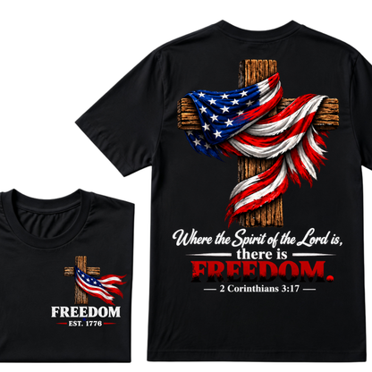 Patriotic USA Flag Cross Christian T Shirt Where the Spirit of the Lord is there is Freedom Bible Verse EST.Year Faith Tee