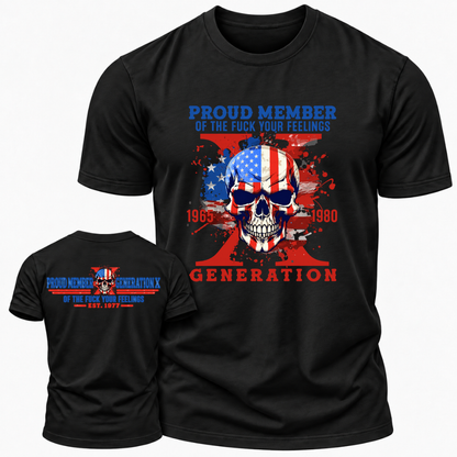 Proud Member Generation X 1965‑1980 American Flag Skull Double Sided Print T‑Shirt Retro Gen X EST.Year Patriotic Graphic Tee