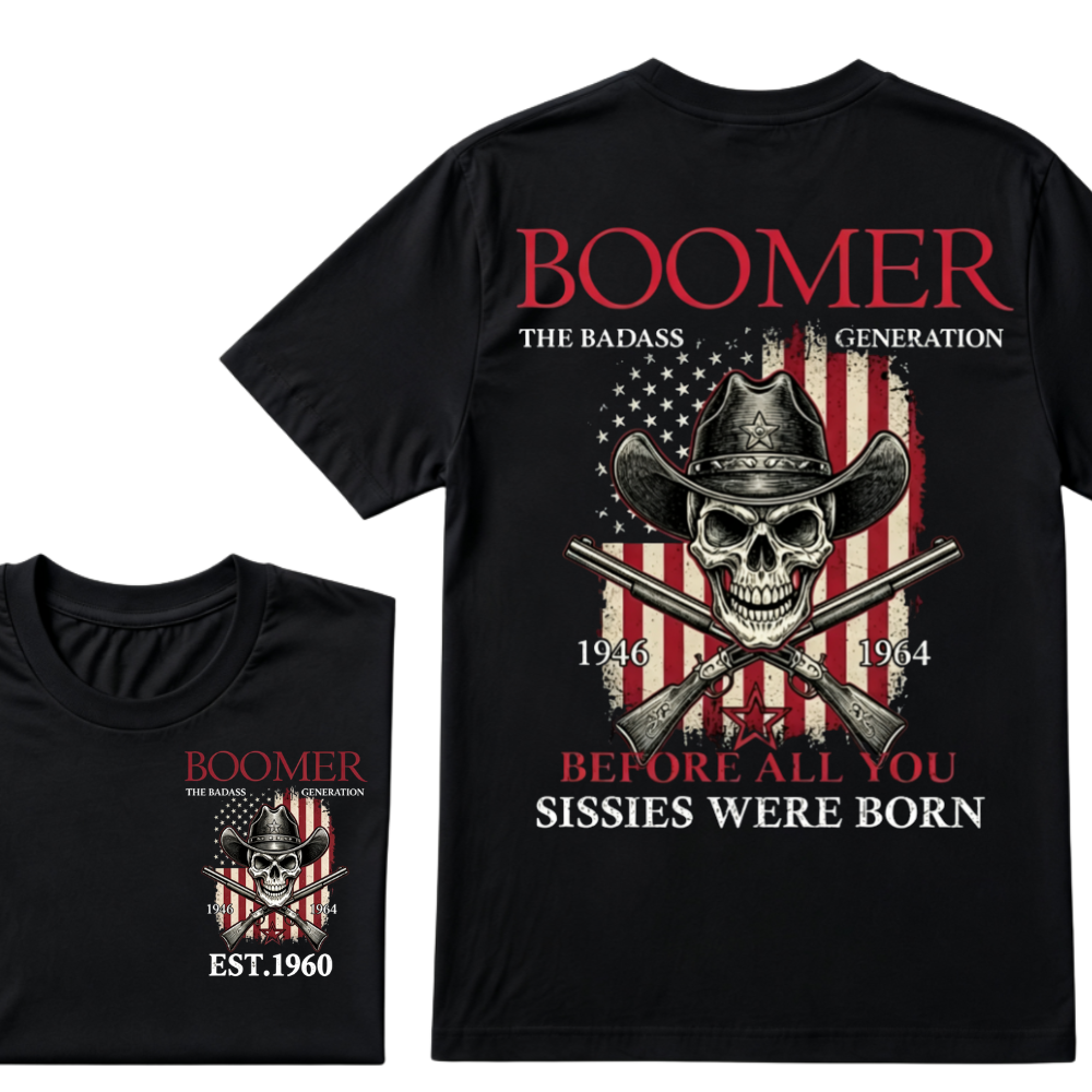 Boomer The Badass Generation 1946-1964 Cowboy Skull USA Flag T-Shirt EST.Year Vintage Patriotic Graphic Tee