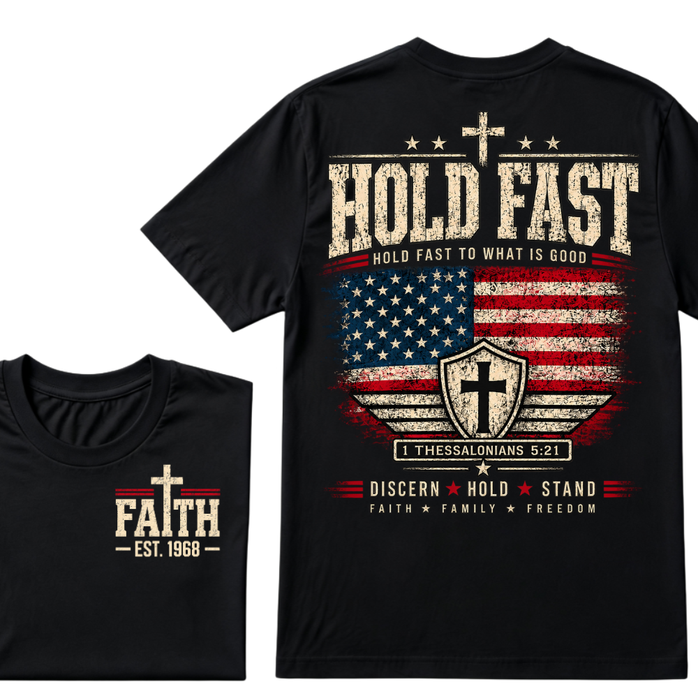 Hold Fast To What Is Good 1 Thessalonians 5:21 American Flag Christian EST.Year Faith Graphic T-Shirt