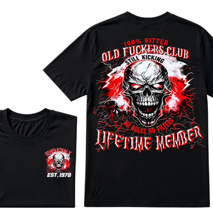 Generation X Skull Graphic Tee – 100% Bitter Old Fuckers Club Lifetime Member T-Shirt