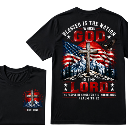 Blessed Is The Nation Whose God Is The Lord Psalm 33:12 EST.Year Patriotic Christian USA Flag EagleT-Shirt