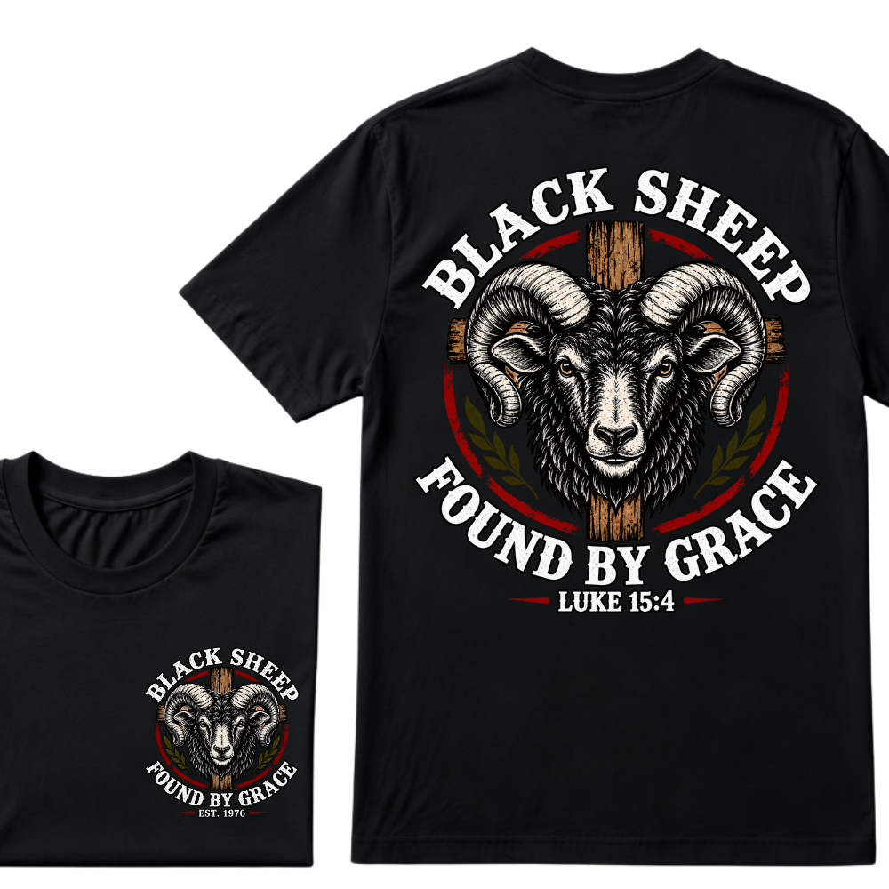 Black Sheep Found By Grace Luke 15：4 Custom EST.Year Ram Head Cross Christian Graphic T-Shirt