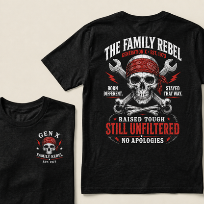 The Family Rebel Generation X Born Different Stayed That Way Raised Tough Still Unfiltered No Apologies Custom Est.Year T-Shirt