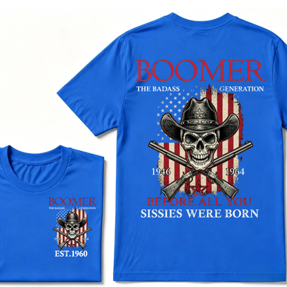 Boomer The Badass Generation 1946-1964 Cowboy Skull USA Flag T-Shirt EST.Year Vintage Patriotic Graphic Tee