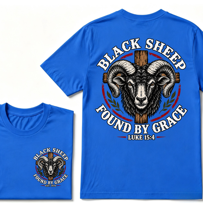 Black Sheep Found By Grace Luke 15：4 Custom EST.Year Ram Head Cross Christian Graphic T-Shirt
