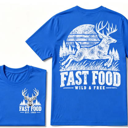 Fast Food Wild & Free Deer Hunting T-Shirt EST.Year Vintage Buck Hunter Forest Graphic Tee
